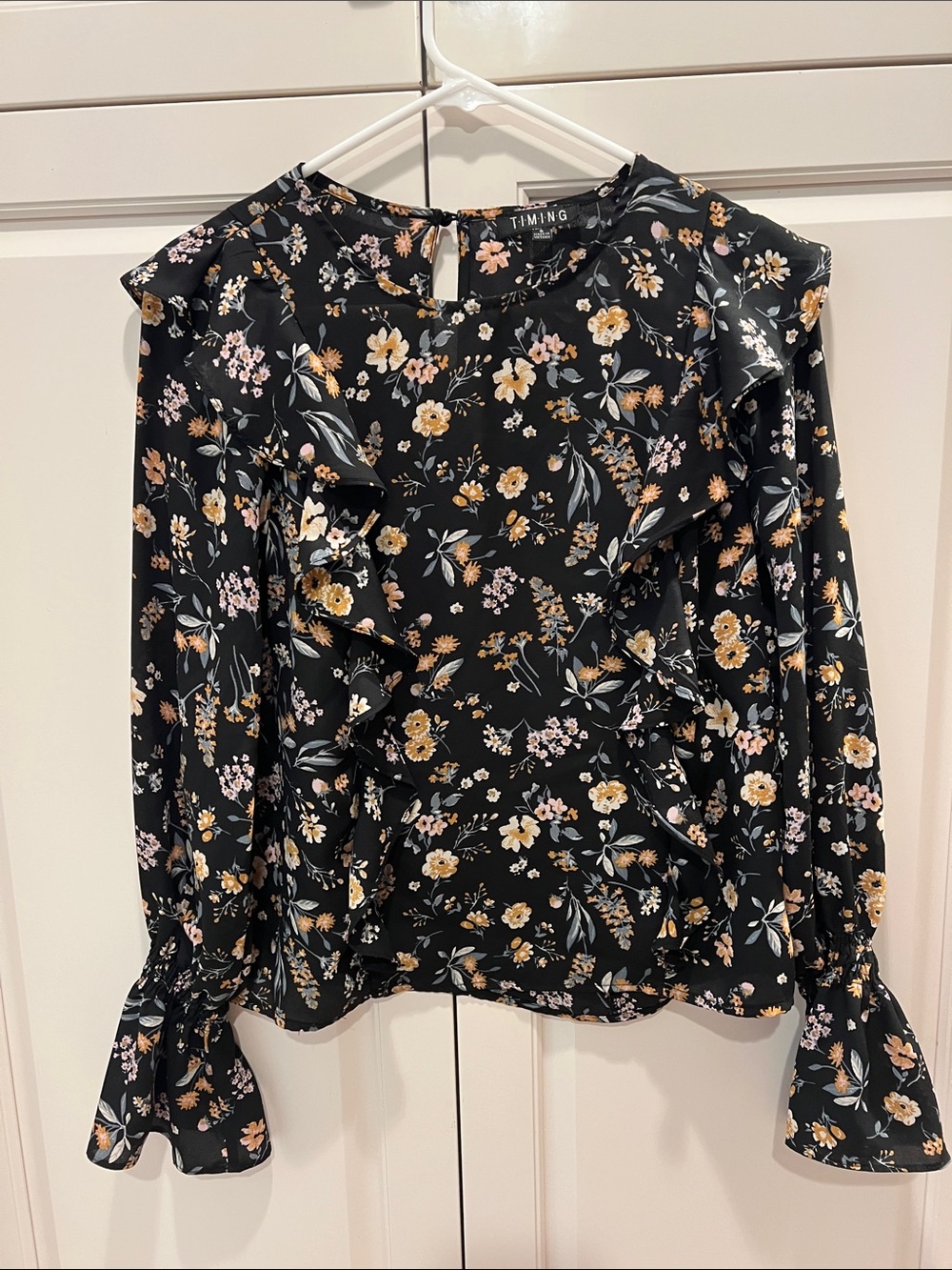 Timing Black Floral Ruffle Long-Sleeve Blouse